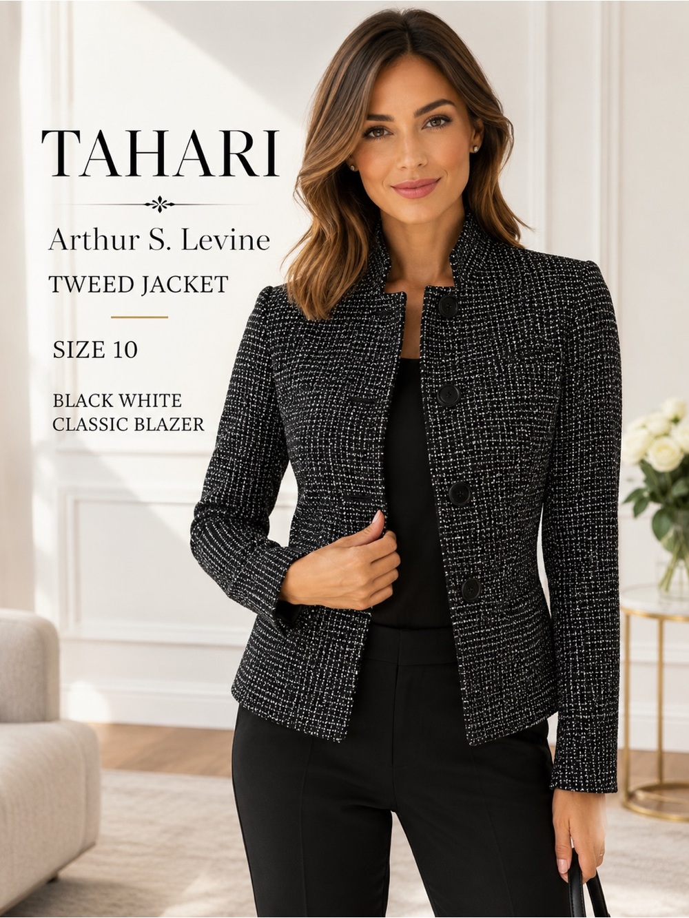 Tahari Arthur S. Levine Tweed Jacket Size 10 Black White Classic Blazer